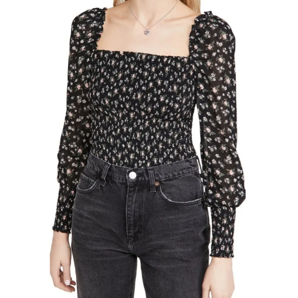 Reformation Pinko Floral Smocked Top in black
